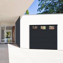 Porte De Garage Line Sectionnelle | Panneaux Anthracite Sans Lignes Avec Hublots | Acier Galvanisé | Moteur Somfy Io | 200x240 Cm | Motorisée - 