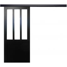 Porte Coulissante Atelier Noir Vitrée H204 X L83 + Rail Alu Bandeau Noir Gd Menuiseries - Bricoman