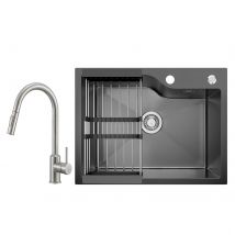 Évier Inox Noir Avec Panier De Drainage 60×45cm Évier De Cuisine 1bac + Mitigeur Avec Douchette Extractible 2 Modes De Sortie D'Eau - Bricoman