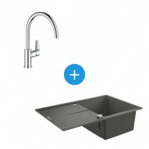 Grohe Set Evier K400 En Quartz Composite Avec Égouttoir Réversible 780x500 Mm, Gris Granite + Mitigeur Monocommande - Bricoman