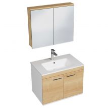 Rubite Meuble Vasque Simple Encastrée L. 70 Cm + Miroir Armoire 2 Portes Chêne Clair Salle De Bain - Bricoman
