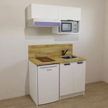 Kitchenette Blanche 120cm + Plaque De Cuisson + Refrigerateur + Hotte + Micro-ondes + Evier + Mitigeur + Meubles Hauts - Tecnomat