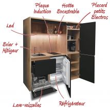 Kitchenette / Mini-cuisine Arche 186cm Noire Valino - Inclus : Plaque De Cuisson, Hotte, Évier, Robinetterie, Led + Lave-vaisselle + Réfrigérateur - 