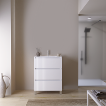 Feel Your Bath, Meuble Sdb Blanc Brillant 60 Cm + Vasque Céramique Blanc Brillant – 3 Tiroirs Et Pieds, Lumineux - Tecnomat