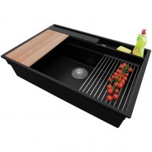 Evier Cuisine En Granit Noir 78x53cm, Lavabo 1 Bac + Kit De Vidage + Accessoires, Évier À Encastrer Au Meuble 80cm - Oslo Pocket Primagran - Bricoman