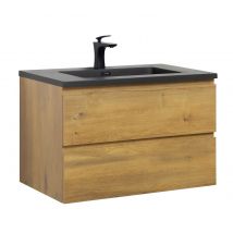 Meuble De Salle De Bain Angela 80 Cm - Lavabo Noir - Chêne - Meuble Bas Meuble Vasque Meuble Vasque - Bricoman