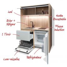 Kitchenette / Mini-cuisine Arche 126cm Blanche Valino - Inclus : Plaque De Cuisson, Hotte, Évier, Robinetterie, Led + Lave-vaisselle + Réfrigérateur -