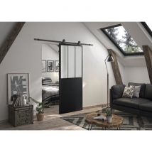 Optimum Kit Porte Coulissante Atelier Noir + Rail Apparent + Cache Rail - 204 X 83 Cm - Verre Depoli - Bricoman
