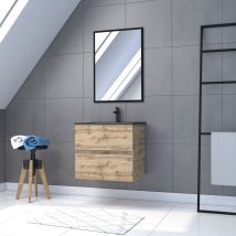 Pack Meuble Sdb 60cm Suspendu 2 Tiroirs Chene_vasque Noire + Miroir - Timber 60_pack07 - Bricoman