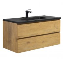 Meuble De Salle De Bain Angela 100 Cm - Lavabo Noir - Chêne - Meuble Bas Meuble Vasque Meuble Vasque - Bricoman