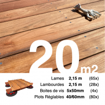 Kit Complet Terrasse Bois Exotique Jatoba Pour 20 M² • Lames 2,15 M, Lambourdes 2,15 M, Plots Réglables Et Visserie Inox • Livraison Gratuite - 