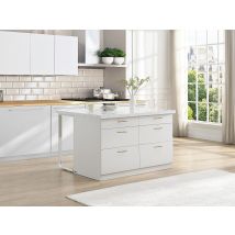 Ilot Central De Cuisine Avec 6 Tiroirs En Mdf Et Métal - Effet Marbre Blanc - Alegrita - Bricoman