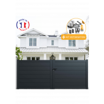 Portail Aluminium Battant Plein En Kit + Motorisation Dimensions L.3000 (entre Piliers) X H.1700 Mm Lockyvia (à Bras) Couleurs Gris (ral 7016) - 