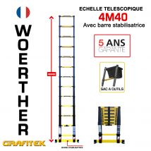 Echelle Télescopique Woerther 4m40 - Avec Sac Porte Outils - Avec Barre Stabilisatrice - Qualité Supérieure - Garantie 5 Ans - Bricoman