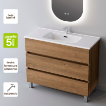 Meuble Salle De Bain Atrani 61cm – Plan Vasque Céramique, 3 Tiroirs, Finition Finition Chêne Naturel, Hauteur 54cm X Profondeur 45cm - Bricoman