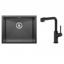 2 En1 Évier De Cuisine 1 Bac 55*44*19cm, À Encastrer/fleur/ Sous-plan, Noir + Robinet De Cuisine Inox Extractible Rotatif À 360 °, Noir - Bricoman