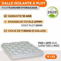 8 Dalles À Plots Isolantes Pour Plancher Chauffant Hydraulique R=1.25 - Ep 67mm (42 Isolant + 25 Plots)- 1120x840mm - 7,52 M2 - Bricoman