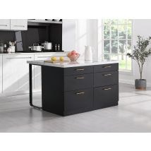 Ilot Central De Cuisine Avec 6 Tiroirs En Mdf Et Métal - Noir Et Effet Marbre Blanc - Alegrita - Tecnomat