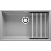 Evier Cuisine En Granit Gris 76x47cm, Lavabo 1 Bac + Kit De Vidage + Égouttoir Enroulable, Évier À Encastrer Au Meuble 80cm - Prague Slim Primagran -