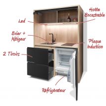 Kitchenette / Mini-cuisine Arche 126cm Noire Valino - Inclus : Plaque De Cuisson, Hotte, Évier, Robinetterie, Led + Réfrigérateur - Bricoman