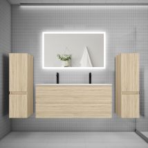 Ensemble Meuble De Salle De Bains 120cm, Double Vasque + Colonne + Miroir Rectangulaire,chêne - Bricoman