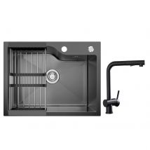 Évier Inox Noir Avec Panier De Drainage 60×45cm Évier De Cuisine 1bac + Robinet Cuisine Avec Douchette Extractible, Mitigeur D'Évier Noir - Bricoman