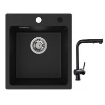 Cecipa Max 40x45cm Evier De Cuisine En Quartz Et Résine Evier Quartz 1 Bac Noir + Robinets Cuisine Avec Douchette Extractible, Mitigeur D'Évier Noir -
