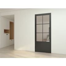 Schulte Porte Intérieure Loft En Verre, 83x204cm, Bloc-porte Vitré, Transparent, Verrière, Style Atelier Soubassement Noir 6 Carreaux, Tirant Gauche -
