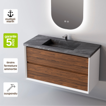 Meuble Salle De Bain Cool 80cm, Plan Vasque Grès Cérame, 2 Tiroirs, Laqué Blanc Mat/noyer, H 54cm X P 45cm - Tecnomat