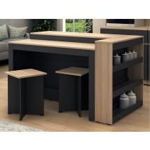 Ensemble Îlot Central De Cuisine + 2 Tabourets - Noir Et Naturel Clair - Nusice - Bricoman