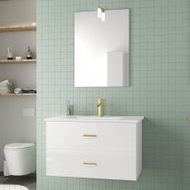 Meuble Salle De Bains 80cm Laqué Blanc Et Or Doré À Tiroirs Avec Vasque - Miroir & Applique Led - Bricoman