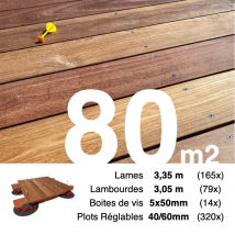 Kit Complet Terrasse Bois Exotique Cumaru Pour 80 M² • Lames 3,35 M, Lambourdes 3,05 M, Plots Réglables Et Visserie Inox • Livraison Gratuite - 
