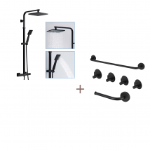 Auralummax Colonne Douche Thermostatique Noir,réglable Hauteur,avec Mitigeur+ensemble Salle Bain Accessoire 6 Pièces,auto-adhésif/percer,inox,noir - 