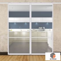 Porte Double Coulissante H2088 - L967 Mm - 3 Verres Horizontaux - Trempé 6 Mm Clair - Blanc - Bricoman