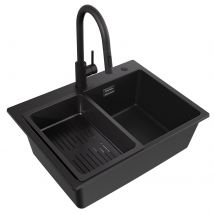 Cecipa Max Évier De Cuisine 60 X 45 Cm, Évier En Granit Noir, Évier 1 Bac Avec Panier De Drainage + Robinet De Cuisine Avec Douchette Extractible - 