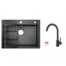 Évier Cuisine 1 Bac 60×45×18cm Évier Inox Noir Avec Panier De Drainage + Mitigeur De Cuisine Noir, Robinet De Évier - Bricoman
