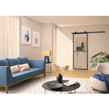 Kit Porte En Applique Contemporain Noire Chêne Terra Cadre Aluminium Verre Transparent, Rail Apparent Noir - H 204 X 930 Mm - Bricoman