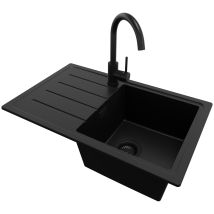 Evier Cuisine En Granit Tout Noir 70x44cm, Lavabo 1 Bac + Kit De Vidage + Accessoire, Évier À Encastrer Au Meuble 45cm - Copenhague Easy Primagran - 