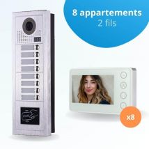 Portier Interphone Vidéo Modern 2 Fils - 8 Appartements - 8 Écrans Blancs - Avec Lecteur De Badge - Bricoman