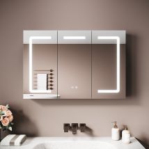 Sirhona Grande Armoire Miroir 3 Portes Salle De Bain 90x60x13cm, Miroir Anti-buée Localisée 3 Lumières Et Grand Rangement Avec Prise - Gris Maroc - 