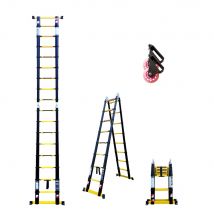 Echelle-escabeau Télescopique 5m60/2m80 Woerther Avec Double Barres Stabilisatrices - Plus Roulettes - Garantie 5 Ans - Bricoman
