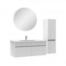 Ensemble Salle De Bain Simple Vasque Avec Colonne Et Miroir Rond 100cm Meuble Blanc, Ocean - Bricoman