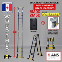 Echelle-escabeau Télescopique Woerther 5m/2m50 Avec Double Barres Stabilisatrices Plus Housse Et Plateforme Porte Outils Et Peinture - Bricoman