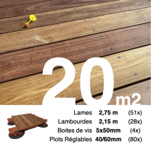 Kit Complet Terrasse Bois Exotique Cumaru Pour 20 M² • Lames 2,75 M, Lambourdes 2,15 M, Plots Réglables Et Visserie Inox • Livraison Gratuite - 