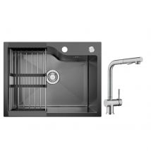 Évier Inox Noir Avec Panier De Drainage 60×45cm Évier De Cuisine 1bac + Robinet Cuisine Avec Douchette, Mitigeur Extractible Brossé - Bricoman