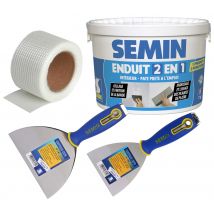 Pack Semin Comprenant 1 Bande Grillagée Adhésive Pour Joints, 20 M, 1 Enduit 2 En 1 Multifonctions - Seau De 7 Kg Et 2 Couteaux À Enduire 10 & 15 Cm -