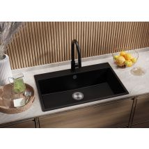 Evier Cuisine En Granit Tout Noir 78x50cm, Lavabo 1 Bac + Kit De Vidage, Évier À Encastrer Au Meuble 80cm - Riga Primagran - Bricoman