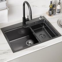 Évier De Cuisine 1 Bac + Vasque + Distributeur De Savon, Noir Évier 1 Bac Inox 68×48cmx21 Cm Style Moderne - Bricoman
