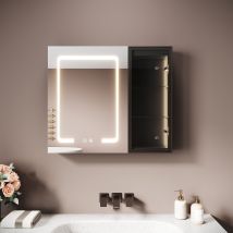 Sirhona Armoire Miroir Salle De Bain 70x60x13cm Avec Porte Vitrée Anti-buée Localisée 3 Lumières Et Étagère Verre Avec Prise - Noir Lin - Bricoman
