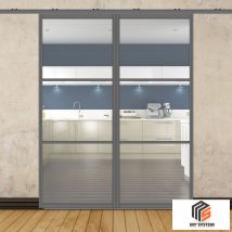 Porte Double Coulissante H2088 - L867 Mm - 3 Verres Horizontaux - Trempé 6 Mm Clair - Gris - Bricoman